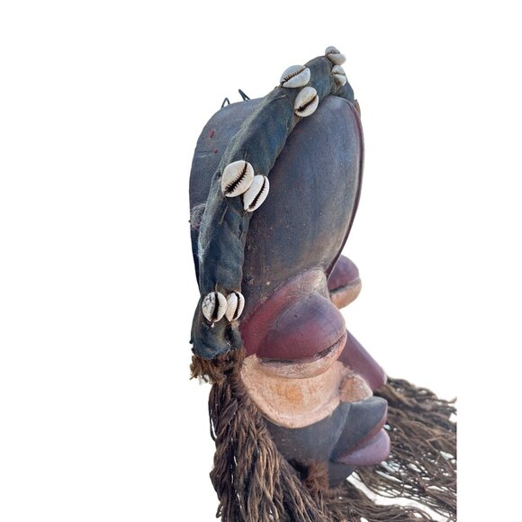 Dan African Tribal Mask With Raffia Hair & Cowrie Shells Decor - Picture 8 of 16